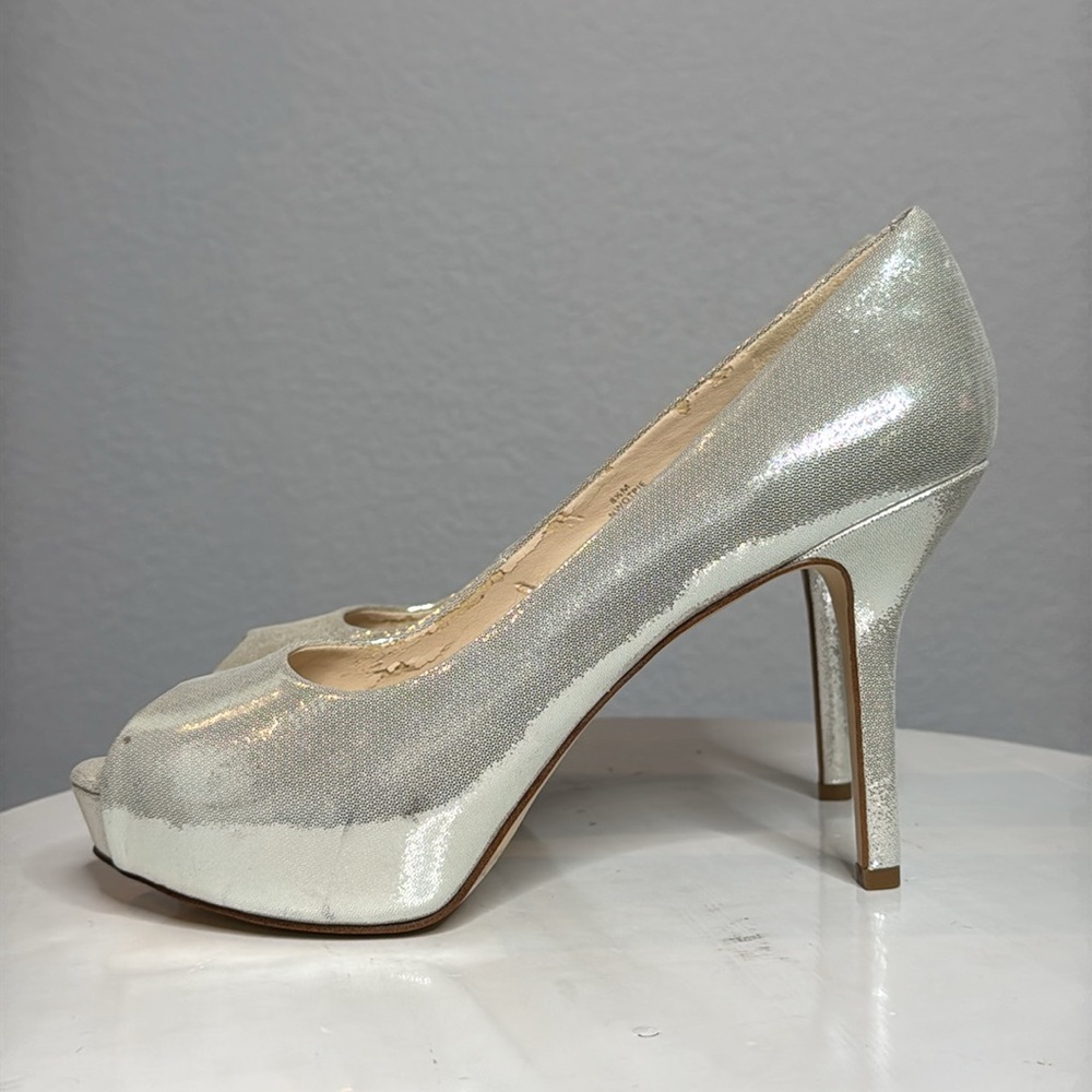 NINE WEST QTPIE METALLIC LEATHER PEEP TOE PLATFORM HEELS - Picture 5 of 15